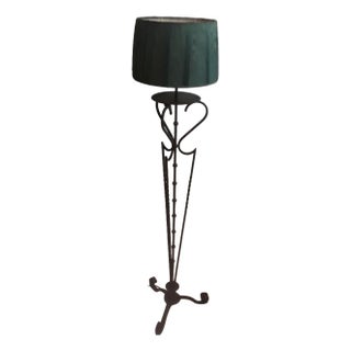 Vintage Floor Lamp with Filigree Iron Frame and Handmade Green Fabric Shade, 1980s For Sale