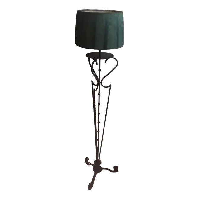 Vintage Floor Lamp with Filigree Iron Frame and Handmade Green Fabric Shade, 1980s For Sale