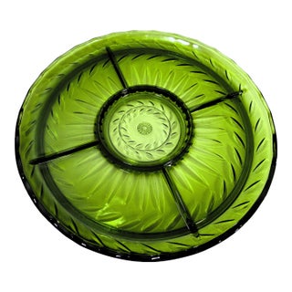 Mid 20th Century Mid-Century ModernGreen Indiana Glass Divided Relish Dish For Sale