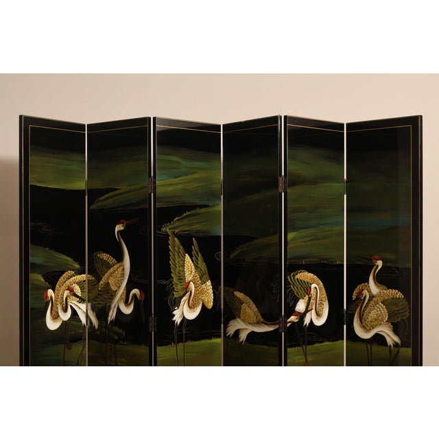 Late 20th Century Japanese Style Hand Painted Lacquered Six-Panel Room Divider For Sale - Image 5 of 18