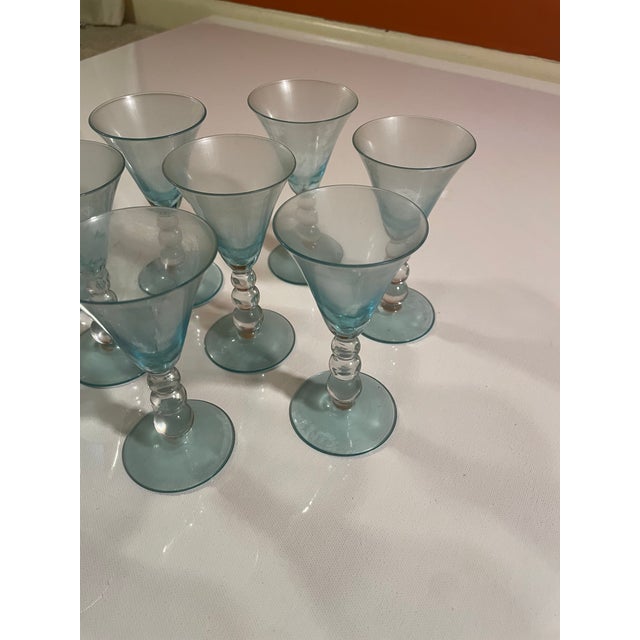 Turquoise 1960s One Dozen (12) Vintage Turquoise Glass Cordials With Bubble Stems For Sale - Image 8 of 10