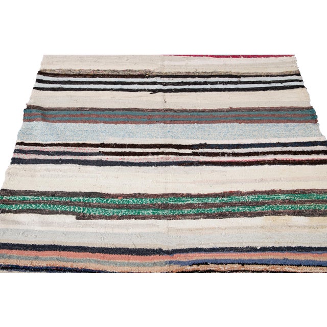 Traditional Vintage Kilim Wool Handmade Ivory Stripes Wool Runner For Sale - Image 3 of 13