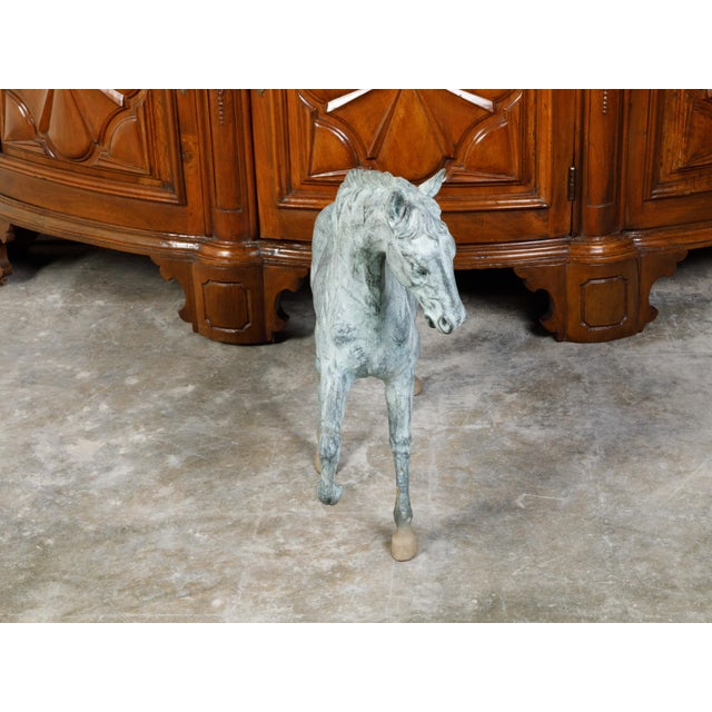 French Midcentury Bronze Horse Statue with Raised Hoof and Patina For Sale - Image 4 of 12
