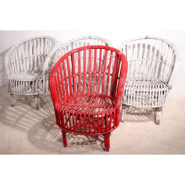 Set of 4 Chairs Willow Stick Wicker Chairs in Peely Paint Finish Ca.1930's For Sale - Image 13 of 13