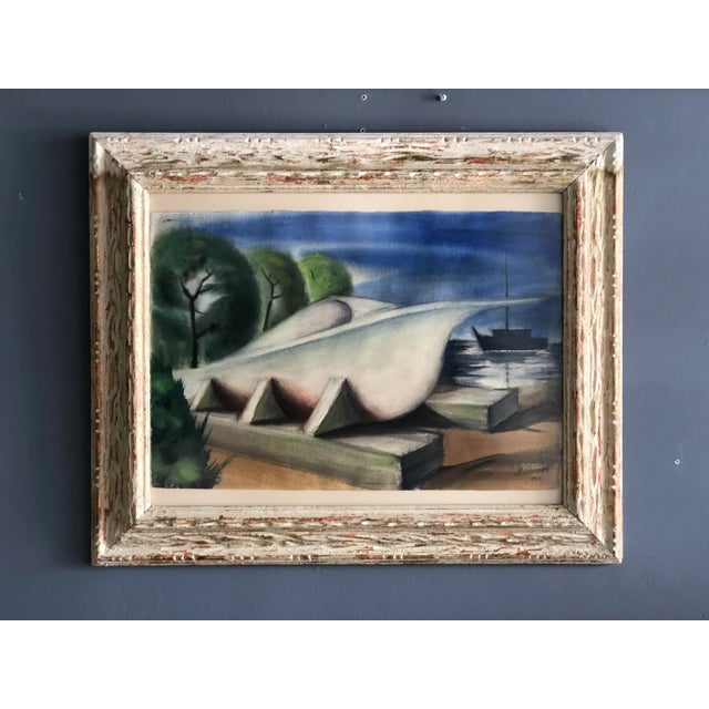 Vintage 1950 Wpa Style Pastel Painting of a Ship For Sale - Image 4 of 12