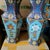This is a striking pair of large vintage cloisonné enamel vases, crafted in a faceted hexagonal form. Each vase features a...