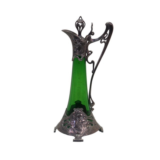 Victorian Antique Art Nouveau German WMF Green Glass Pewter Claret Pitcher Jug For Sale - Image 3 of 15