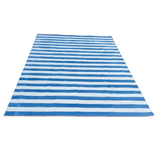 Handmade Cotton Striped Rug, Blue, White and Orange Striped Dhurrie - 6'x9' For Sale - Image 9 of 10