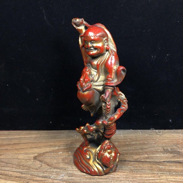 Vintage Solid Bronze Liu Hai Playing With Golden Toad Statue, Wealth Attracting Figurine For Sale - Image 9 of 9