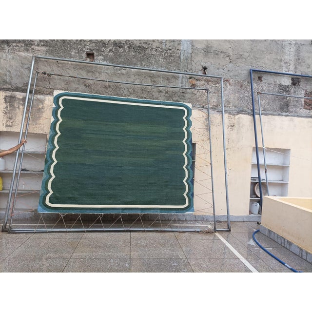 Mid-Century Modern Handmade Cotton Flat Weave Area Rug, Forest Green and Teal Blue Scalloped Dhurrie - 4'x6' For Sale - Image 3 of 6