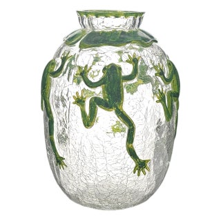 Hand Painted Crackle Glass Vase With Embossed Green Frogs – Bulbous Form For Sale