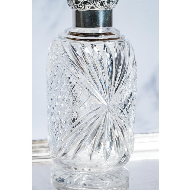 Stunning Edwardian Antique Cut Crystal Perfume Cologne Bottle Sterling Silver Lid Antique Luxury Home Vanity Dressing Table Décor For Sale - Image 10 of 16