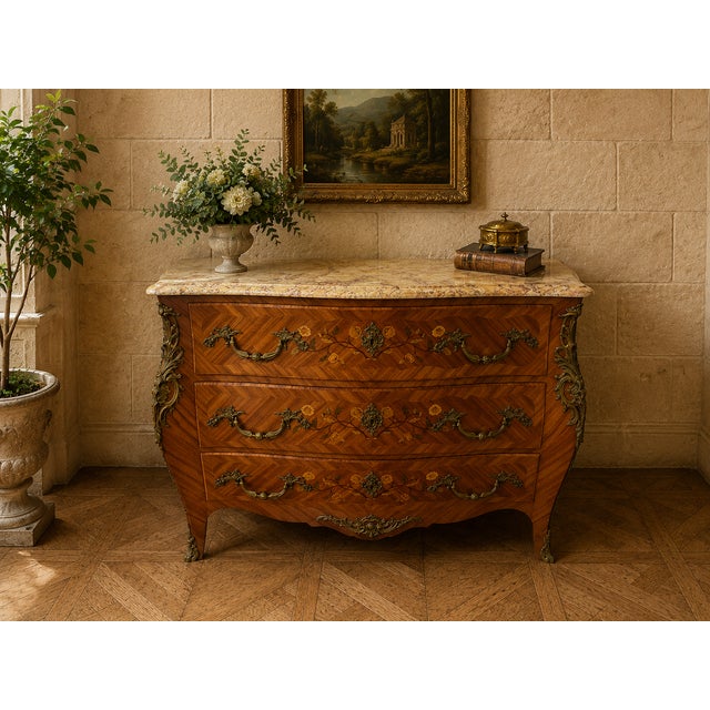 Louis XV Bombé Commode in Marquetry Opening with Three Drawers on the Front, 1890s For Sale - Image 5 of 5