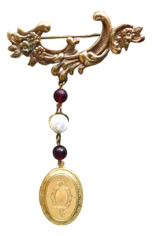 Vintage Classic English Gold Brooch Pin and Etched Oval Locket, Hanging Wine & Wired Pearl Chain