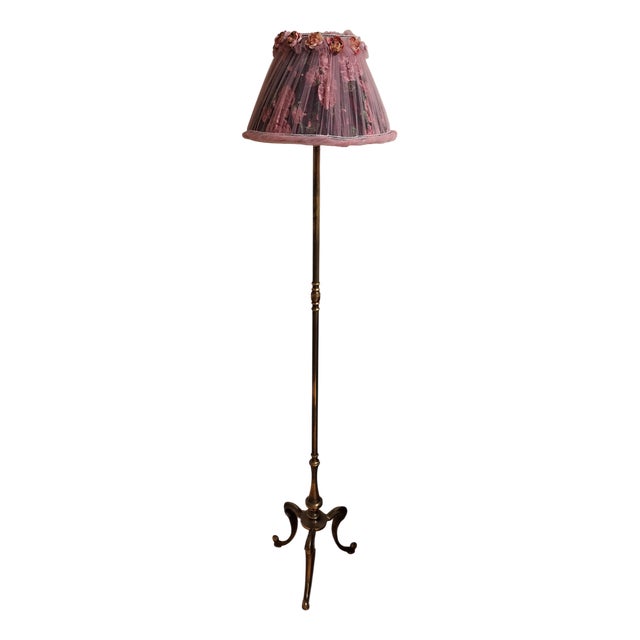 Vintage Floor Lamp with Brass Base and Handmade Fabric Shade by Lamplove, 1950s For Sale