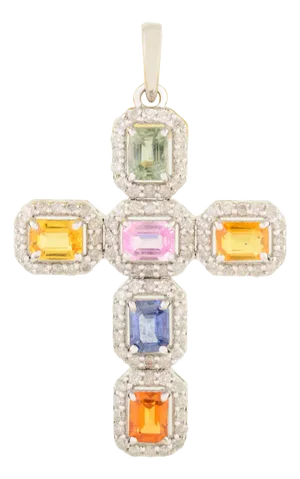 Traditional Rainbow Sapphire 18k Gold Cross Pendant