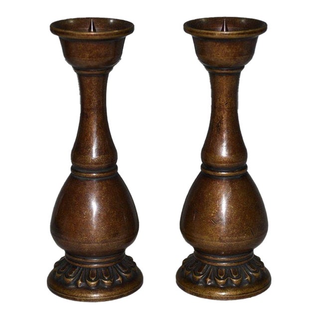 Pair of Vintage Chinese Solid Copper "Bulbous" Candlesticks With Lotus Bases - 879g For Sale