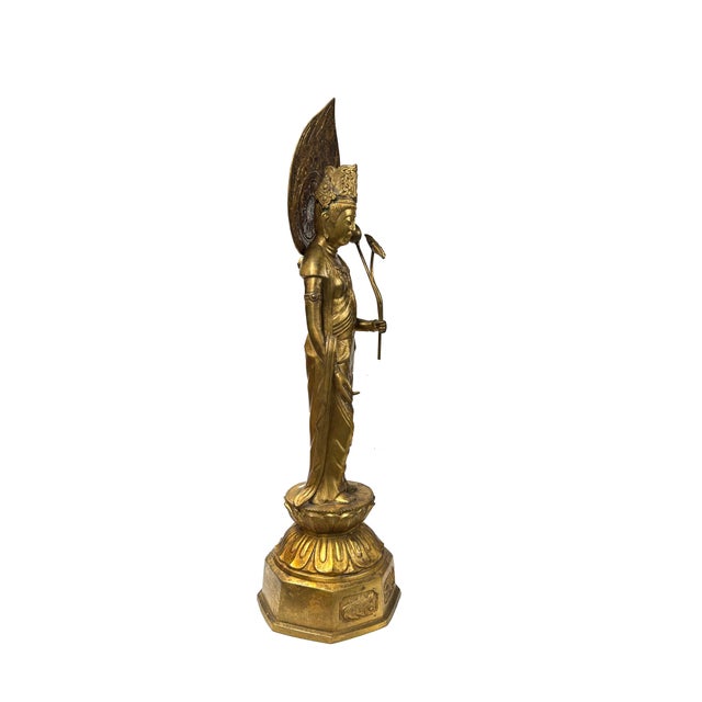 1950s Oriental Metal Bronze Kannon Guan Yin Bodhisattva Holding Lotus Statue For Sale - Image 5 of 14
