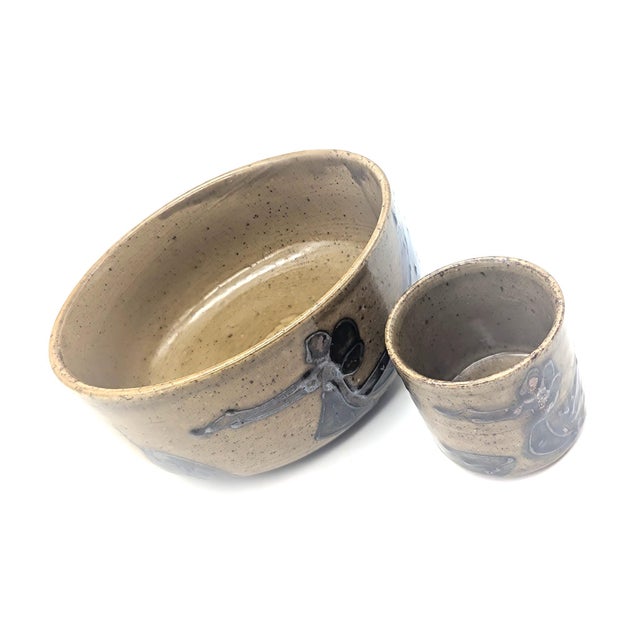1970s Vintage Otagiri "Sandhill Crane" Glazed Stoneware Bowl & Sake or Tea Cup For Sale - Image 5 of 10