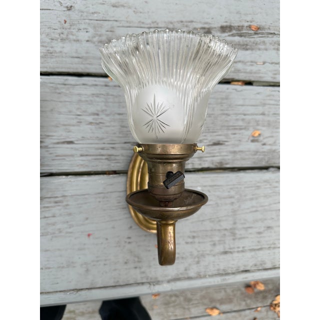 1920s Vintage Brass Sconces With Vintage Gillinder Shade - a Pair For Sale - Image 5 of 6
