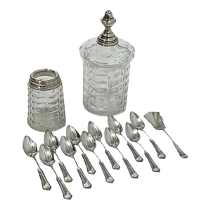 19th Century Dutch Crystal & Silver Sugar Bowl & Spoon Vase Set, Set of 14