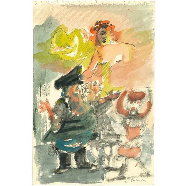 Dreamy Woman is a Pencil and watercolor Drawing realized by Mino Maccari (1924-1989) in the 1950s. Hand-signed on the...