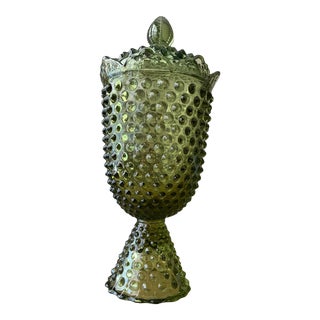 Vintage Mid 20th Century Fenton Colonial Green Hobnail Compote Candy Dish With Lid Apothecary Jar For Sale