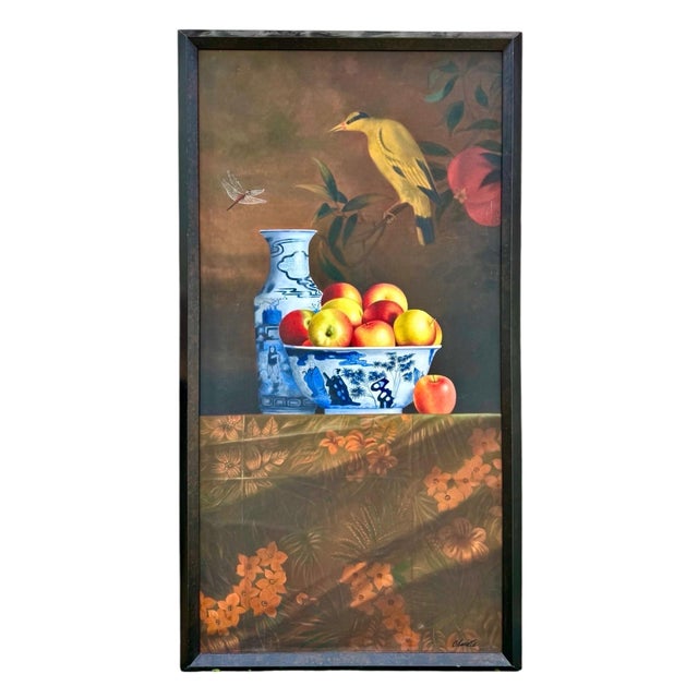 Textile Rene Chavelle, Large Trompe L'oeil Oil Painting Rene Chavelle Belgian Hyper Realist Apples, c.1980's For Sale - Image 7 of 10