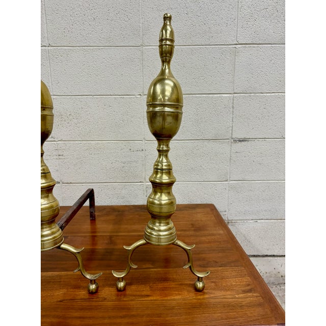 Metal Vintage Brass Federal Style Fireplace Andirons Dog Irons Fire Dogs - Pair For Sale - Image 7 of 10