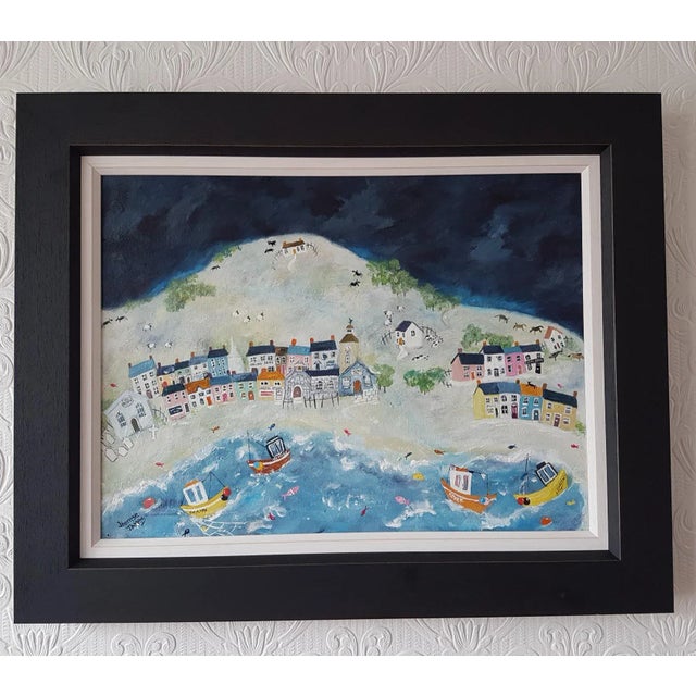 Contemporary "Moonless and Fishing Boat Bobbing Sea (Under Milk Wood)" Contemporary Figurative Seascape Acrylic Painting by Therese James, Framed For Sale - Image 3 of 3