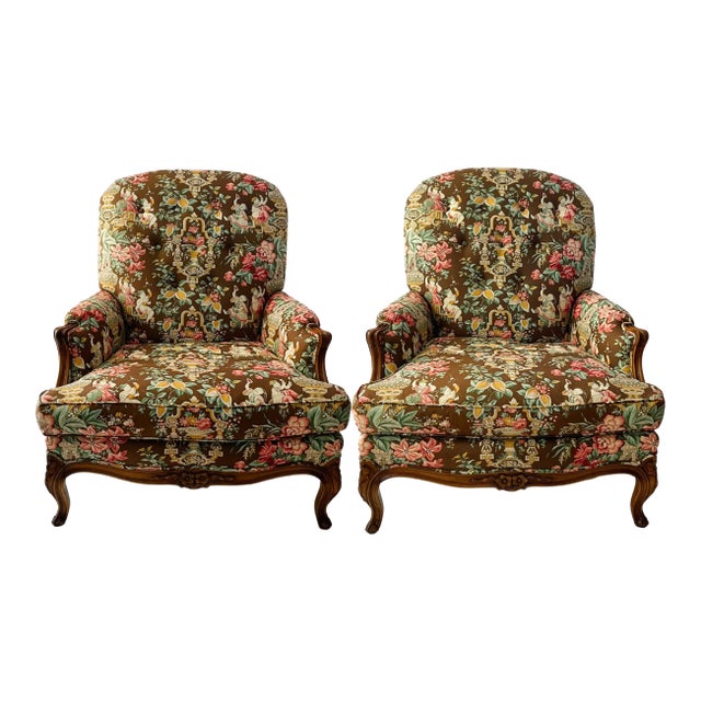 Mid 20th Century Mocha Mousse Chinoiserie Upholstery Bergere Chairs - a Pair For Sale