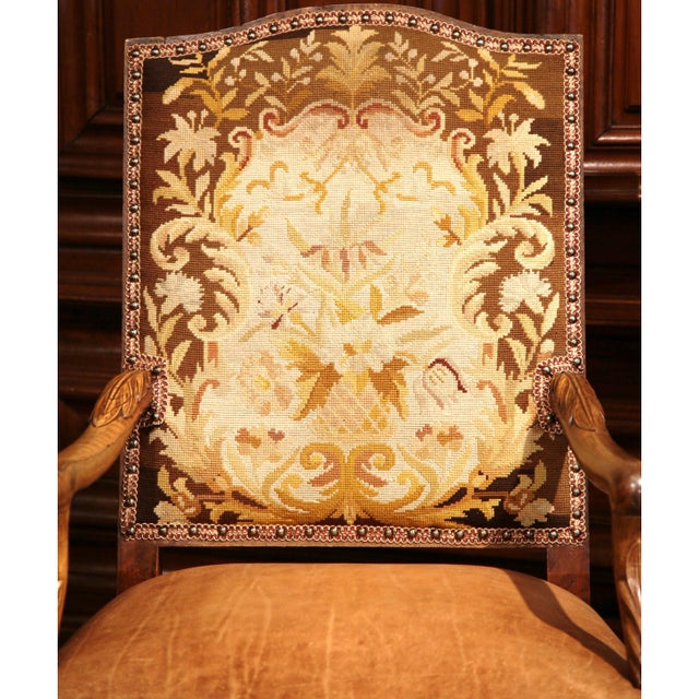 French Pair of 18th Century French Louis XV Needlepoint Armchairs With Leather Seats For Sale - Image 3 of 10
