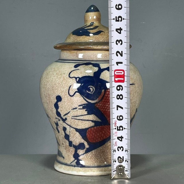 Blue & White Porcelain Ginger Jar With Red Fish Motif & Crackle Glaze, 6.3" For Sale - Image 4 of 9