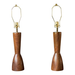 Sculptural Pair of Mid Century Modern Solid Staved Walnut Lamps For Sale
