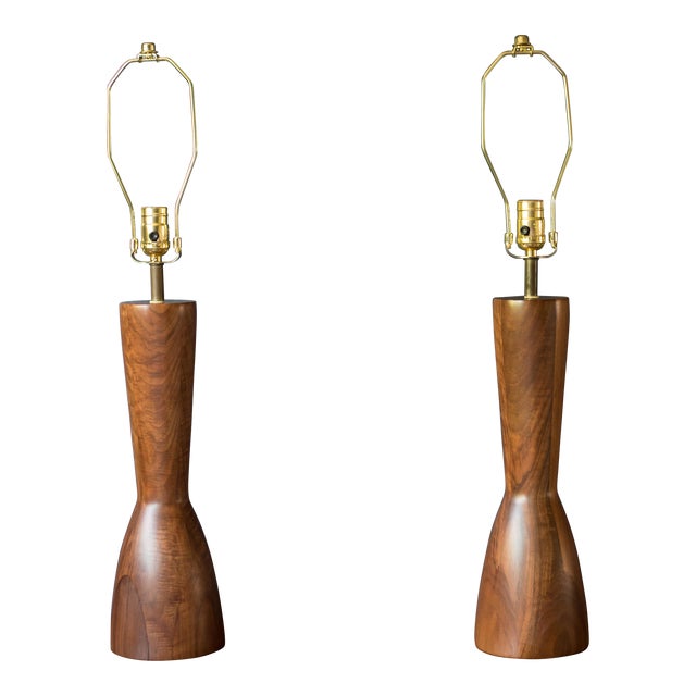 Sculptural Pair of Mid Century Modern Solid Staved Walnut Lamps For Sale