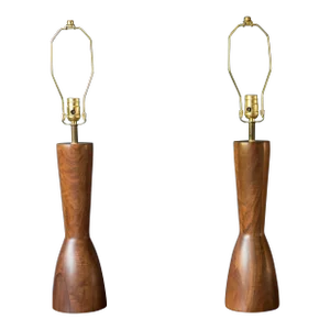 Sculptural Pair of Mid Century Modern Solid Staved Walnut Lamps