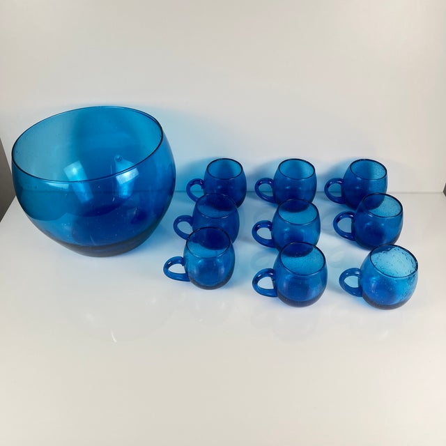 Mid-Century Modern Cobalt Blue Bubbled Glass Punch Set in the style of Biot, 1970, Set of 10 For Sale - Image 3 of 14
