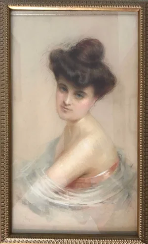 "Demoiselle" - Framed Early 20th Century Pastel Woman Portrait by Gaston Bouy, Framed