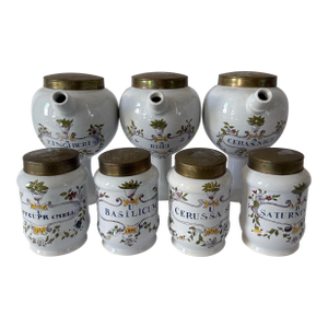19th Century French Faience Apothecary Jars – Set of 7 – Hand Painted Pharmacy Canisters With Brass Lids