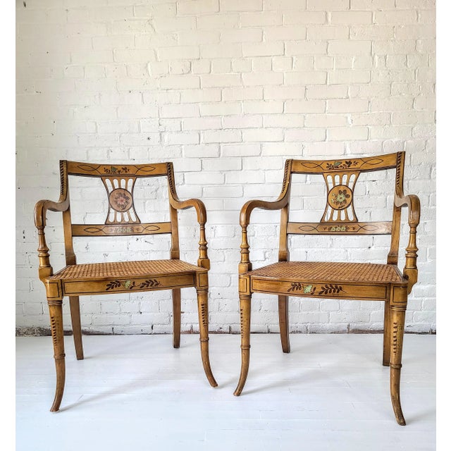Beige Vintage Mid Century Sheraton Style Hand Painted Armchairs - a Pair For Sale - Image 8 of 8