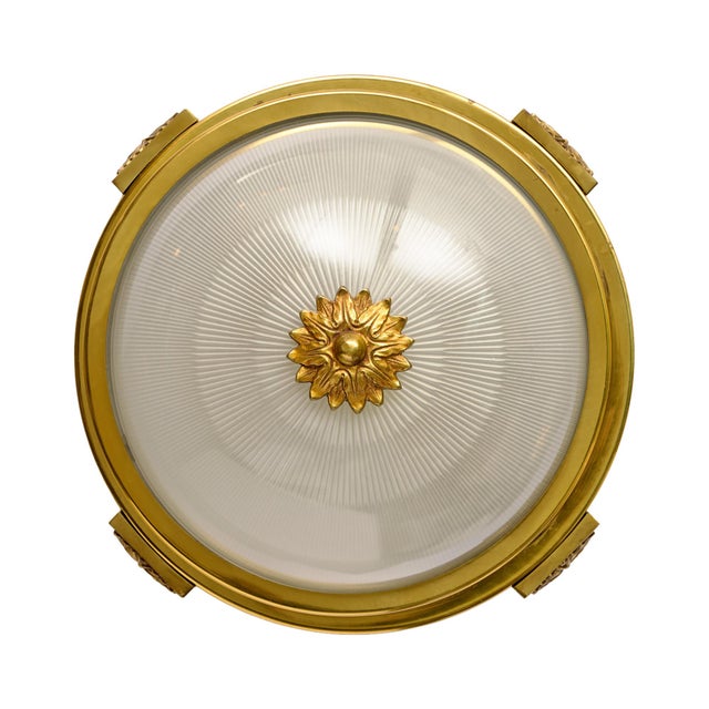 Brass Art Deco Period French Ceiling Mounts, Brass and Etched Glass For Sale - Image 8 of 9