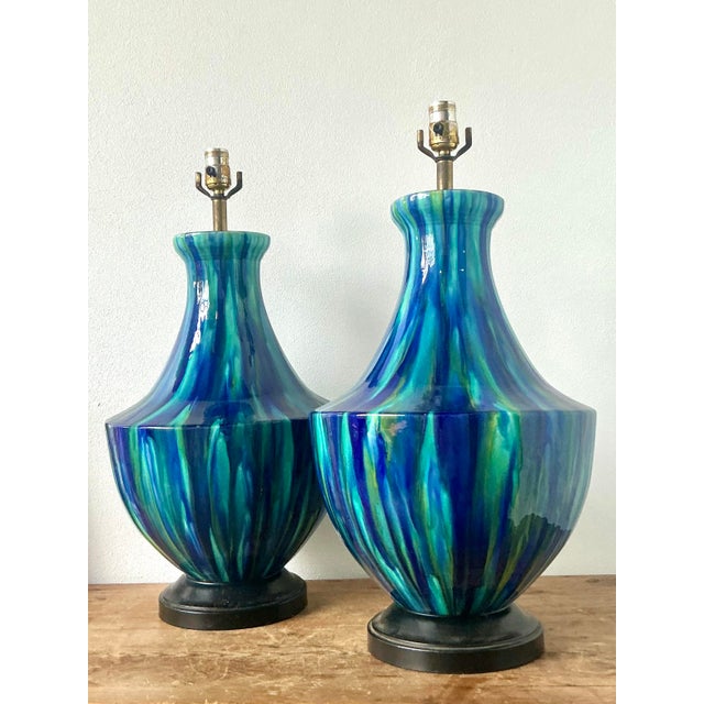 Mid 20th Century Vintage MCM Drip Glazed Ceramic Lamps - A Pair For Sale - Image 5 of 12