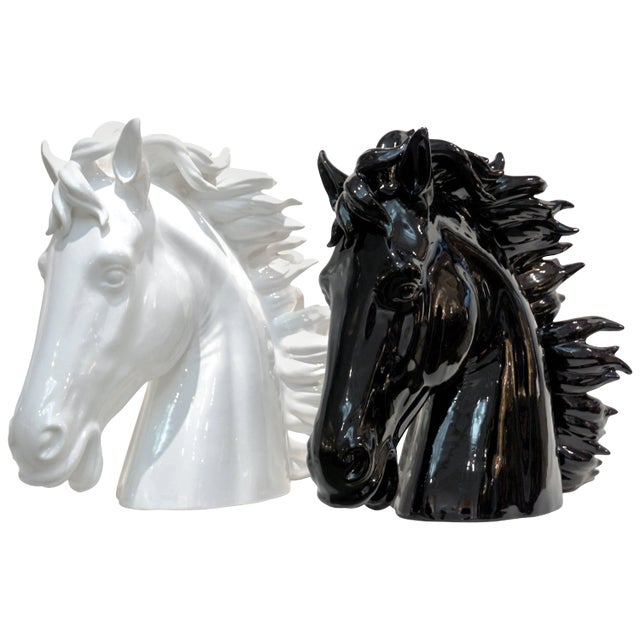 Modern Italian Oversized Black and White Ceramic Horse Head Sculptures - a Pair For Sale