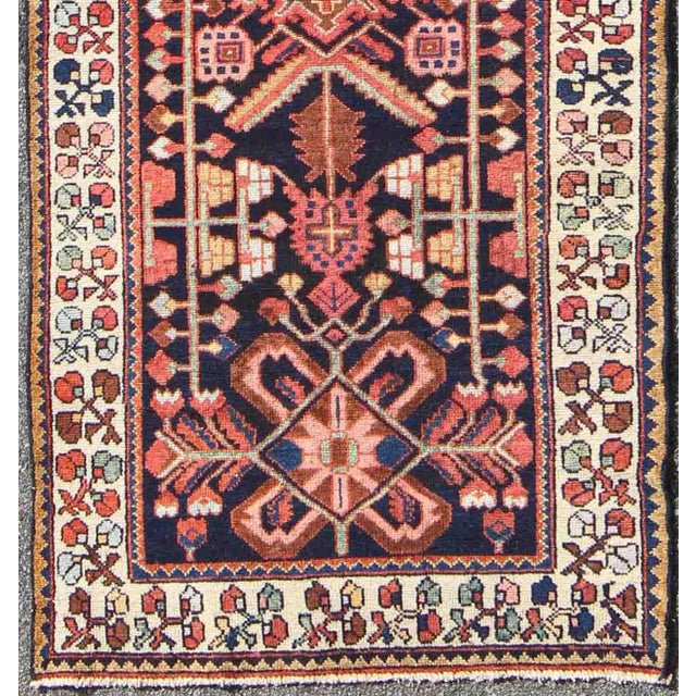 Measures: 3'9 x 10'3. Tribal midcentury Persian Hamedan rug in midnight blue, red, green and brown. Keivan Woven Arts /...