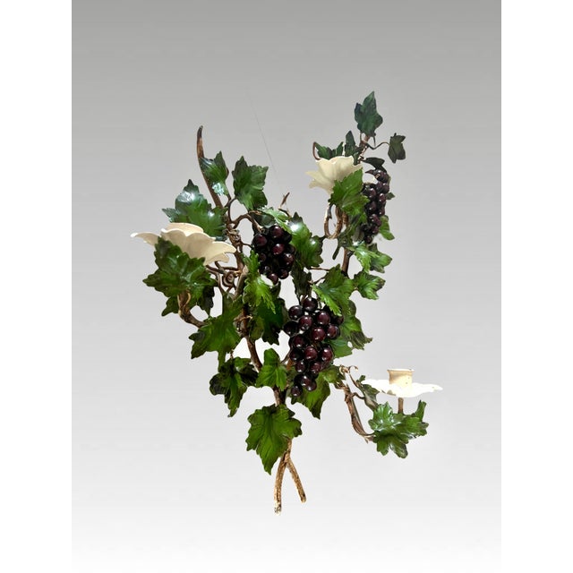 Old Italian Grape & Vine Hand Painted Tole Metal Wall Scones, 3 Candle Holders, a Pair 22" For Sale - Image 10 of 12