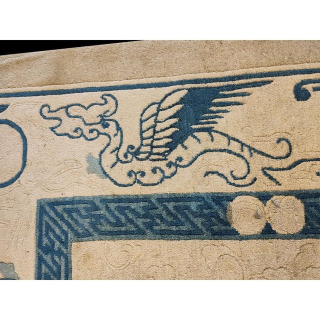 1930s Ivory Minimalist Solid Open Field Antique Chinese Dragon Peking Deco Rug For Sale In New York - Image 6 of 9