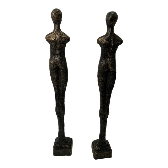 Vintage Pair of Iron Giacometti Inspired Figures on Marble For Sale