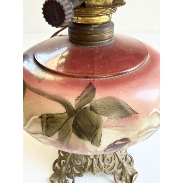 Metal Early 20th Century Hand Painted Floral Gone With The Wind Oil Lamp Converted, w/ Nightlight For Sale - Image 7 of 18