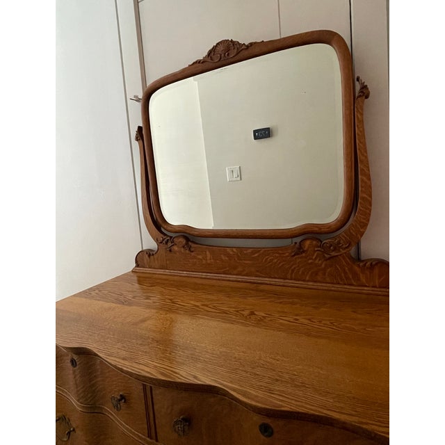 1890s Antique Serpentine Tiger Oak Dresser With Mirror Obo For Sale - Image 13 of 14