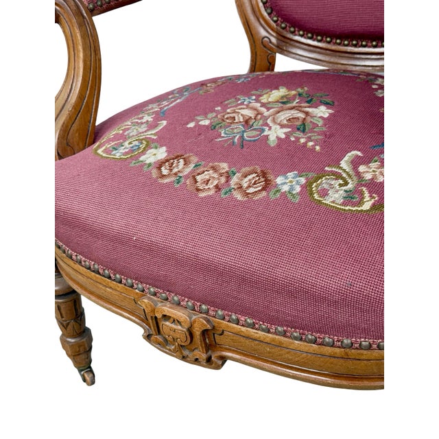 Burgundy Vintage Renaissance Revival Carved Armchair With Burgundy Floral Upholstery For Sale - Image 8 of 18